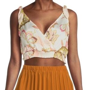 Area Stars Jaime Floral V-Neck Surplice Crop Top Faux Tie Shoulders, Size Large